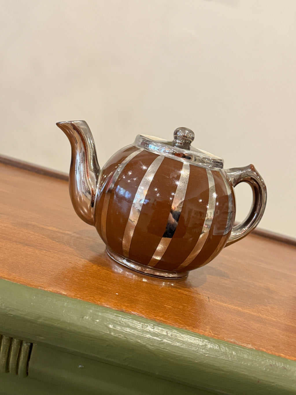 Vintage Silver + Brown Striped Teapot