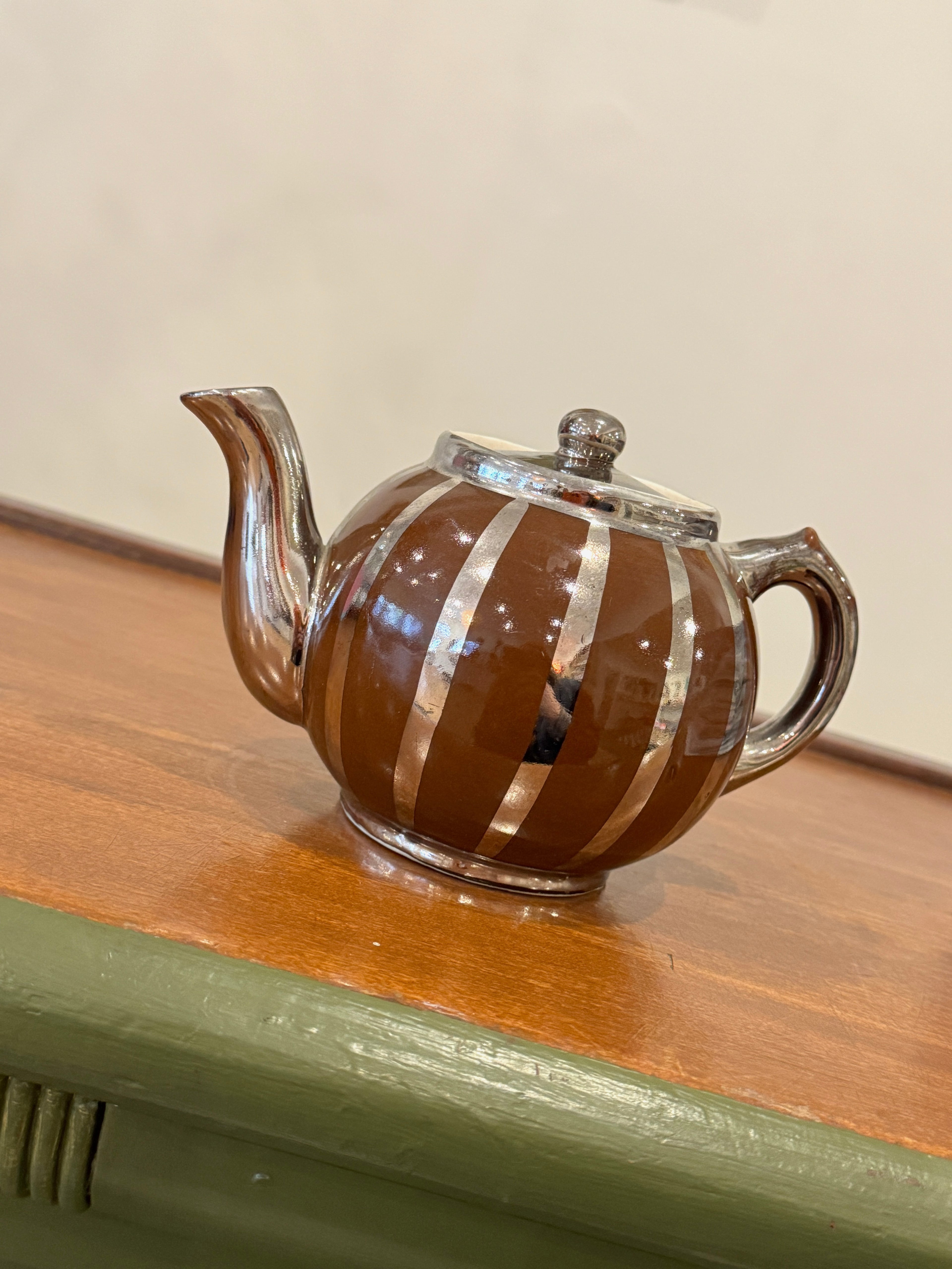 Vintage Silver + Brown Striped Teapot