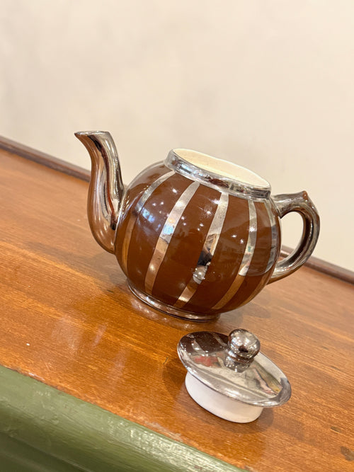 Vintage Silver + Brown Striped Teapot
