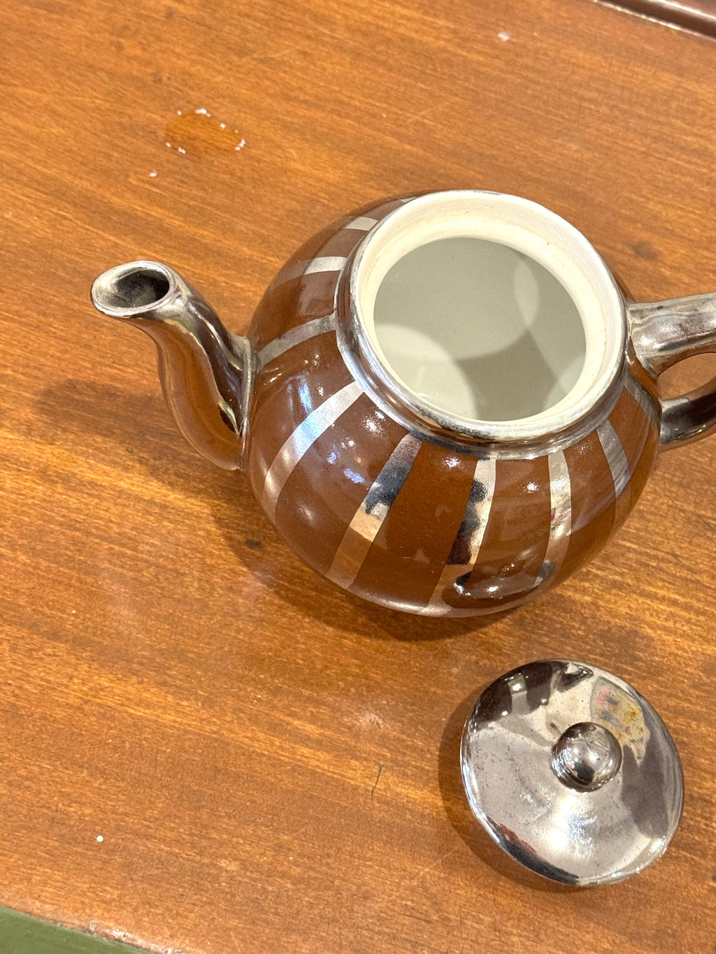 Vintage Silver + Brown Striped Teapot