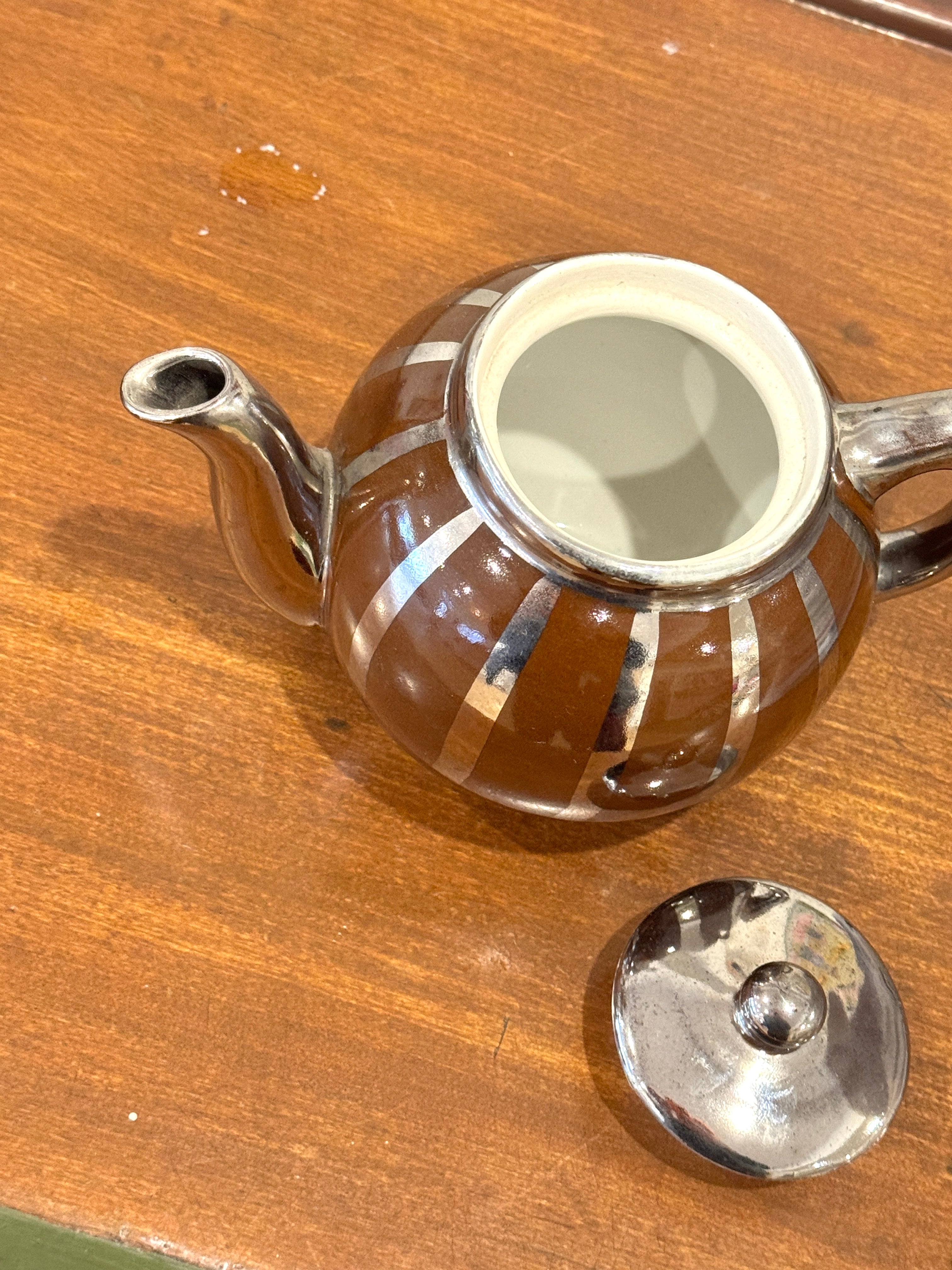Vintage Silver + Brown Striped Teapot