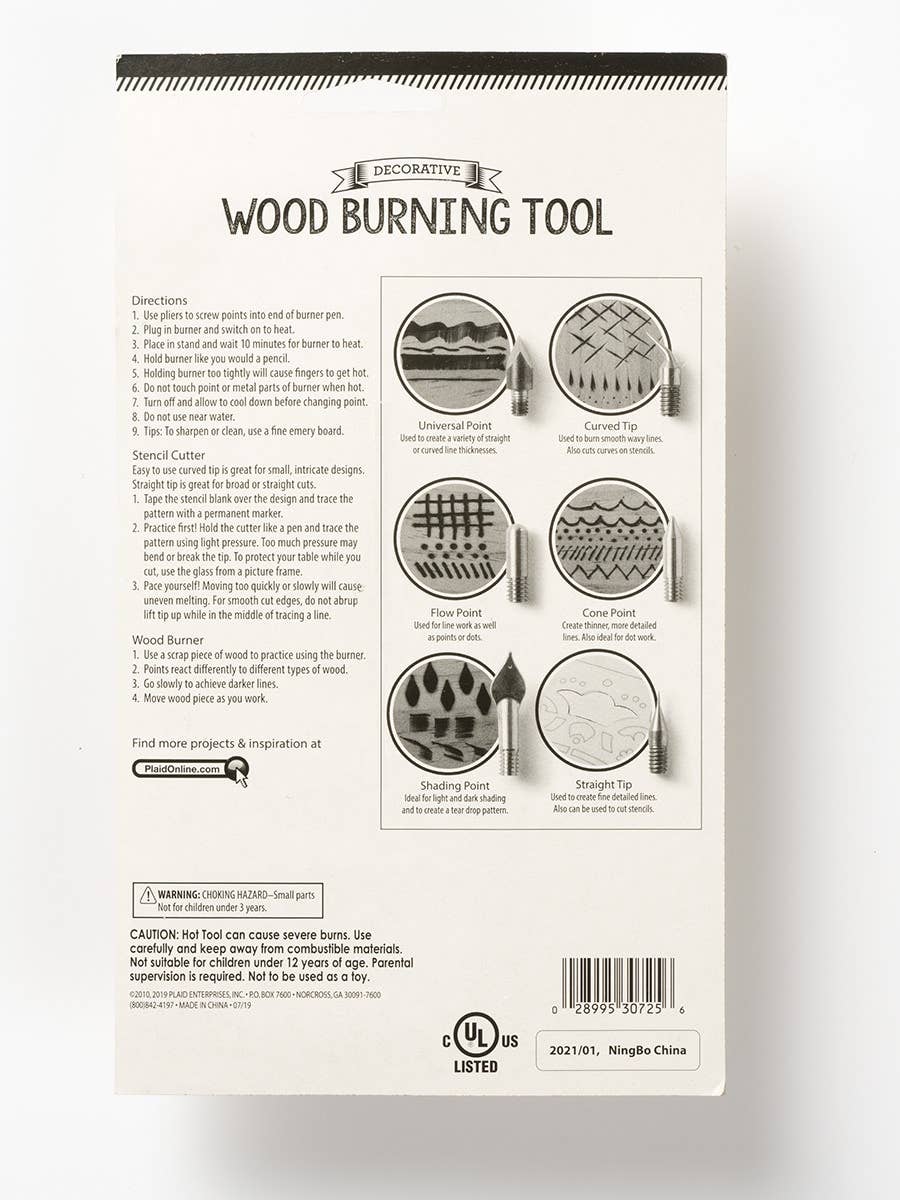 Back of a wood burning tool packaging with patterns and text on a white background