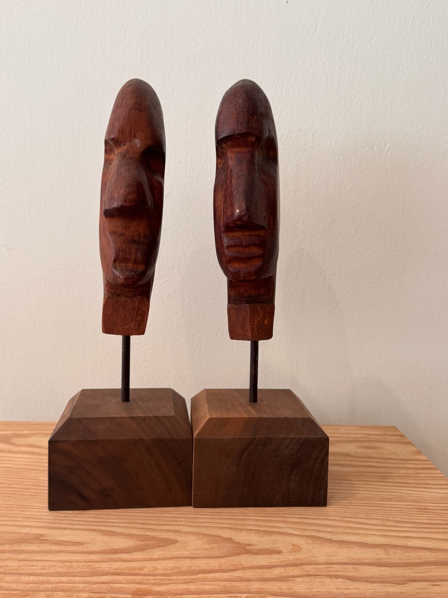 Set of Two Carved Wooden Heads