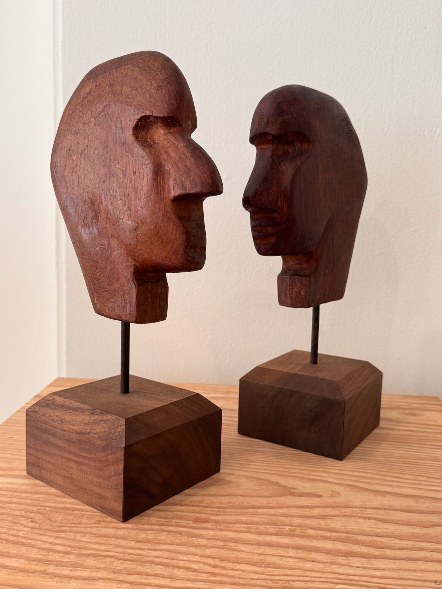 Set of Two Carved Wooden Heads