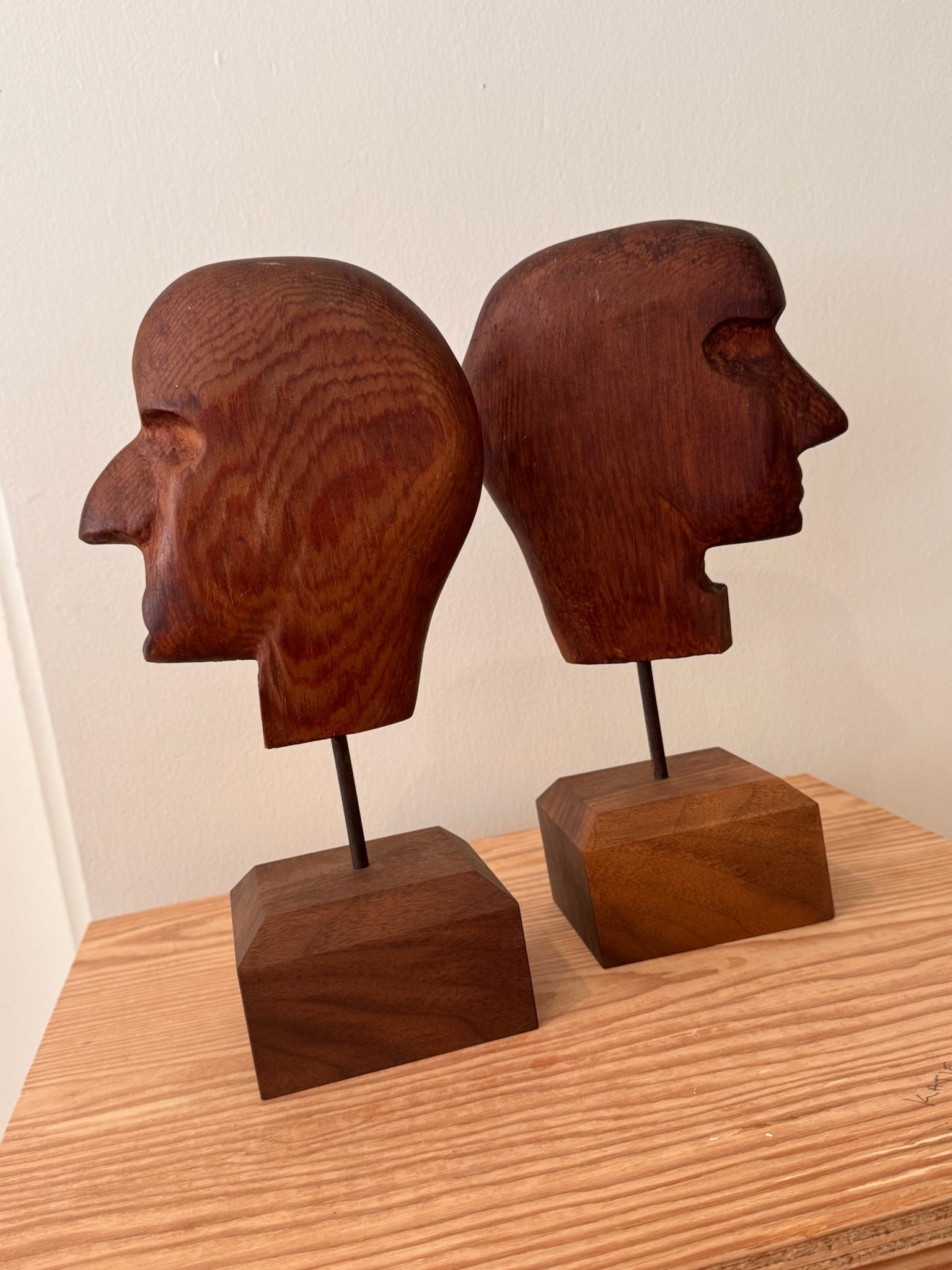 Set of Two Carved Wooden Heads