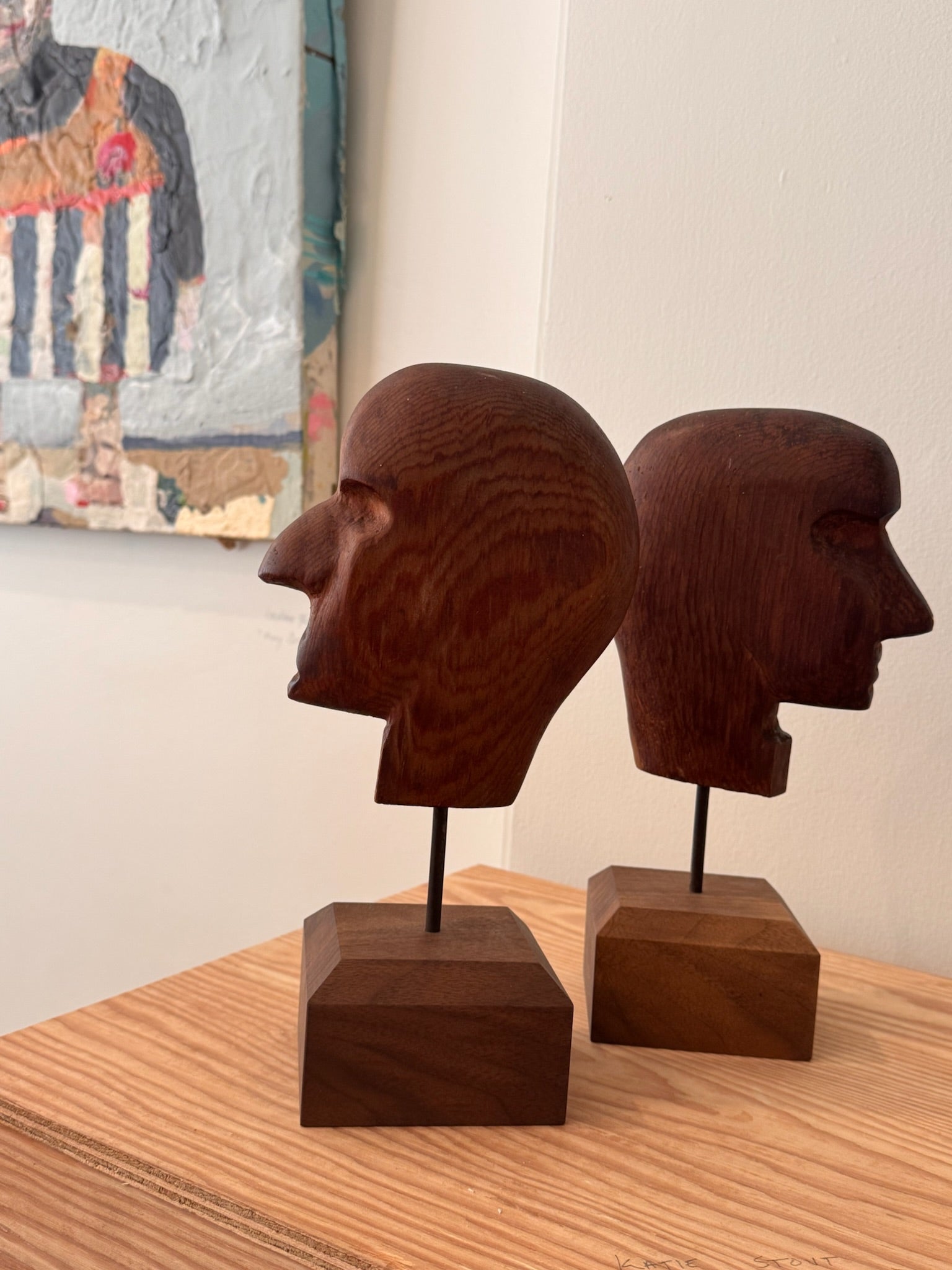 Set of Two Carved Wooden Heads