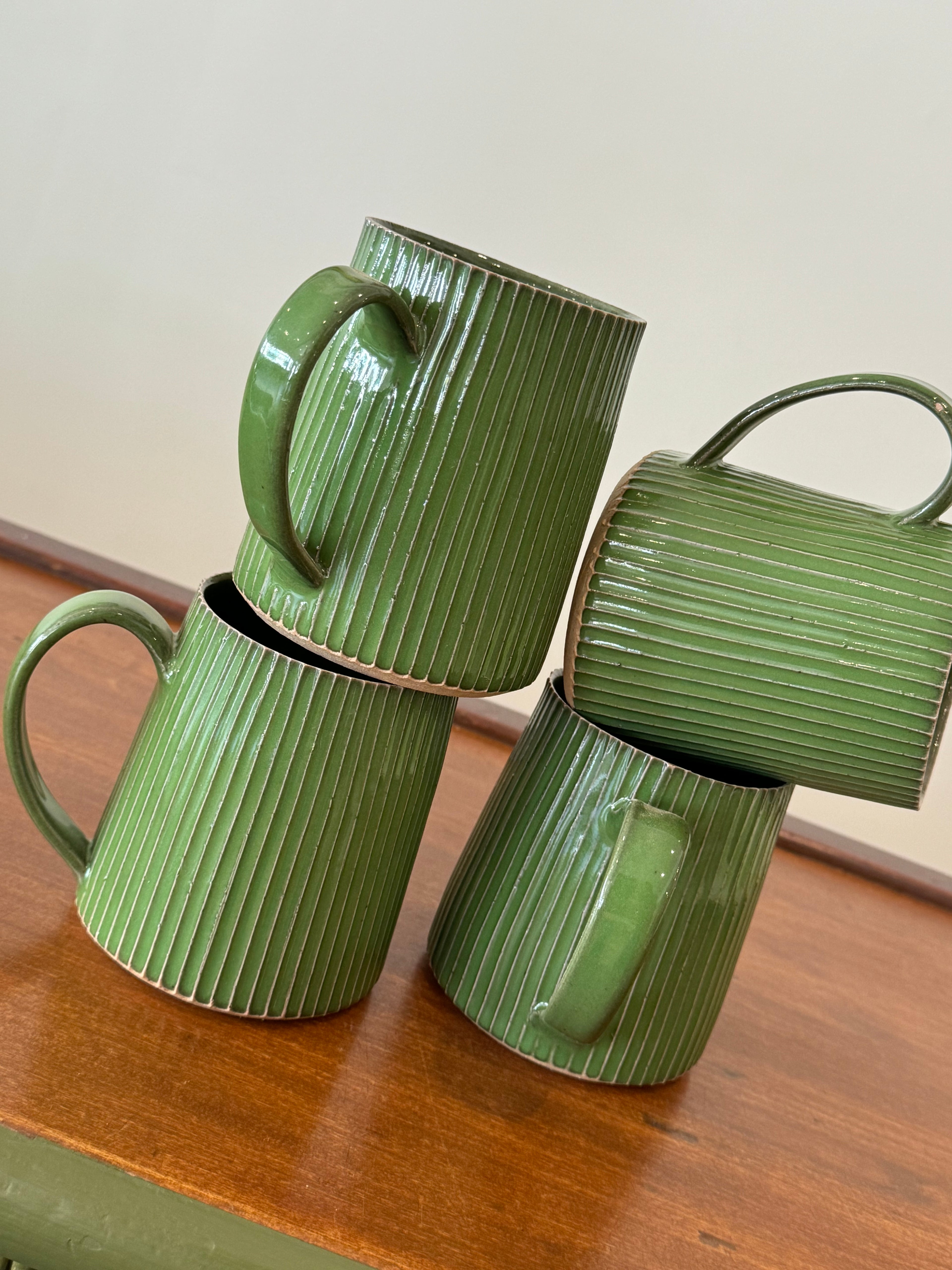 Glossy Green Ribbed Mugs
