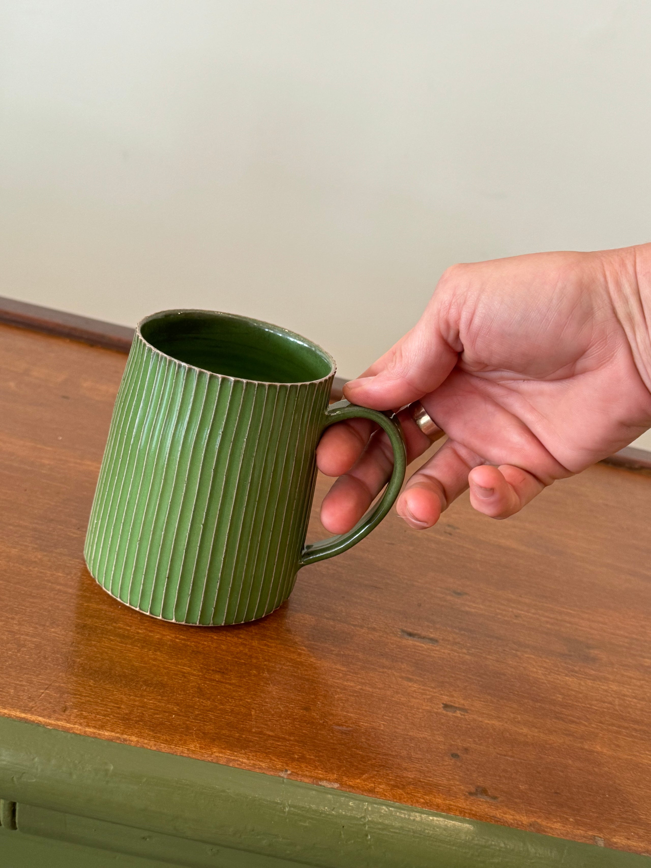 Glossy Green Ribbed Mugs