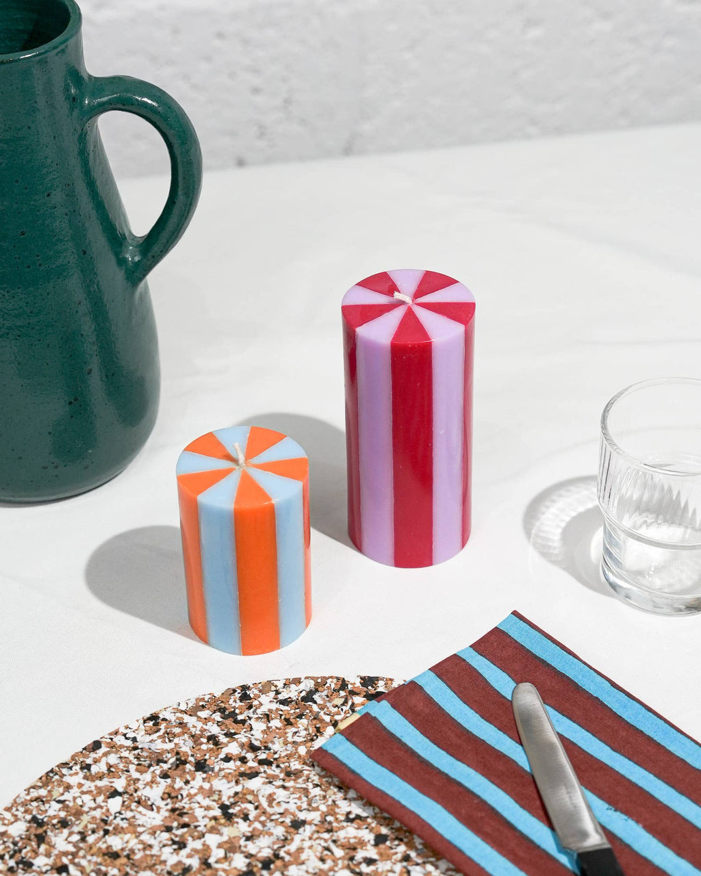 Small Stripe Pillar Candle in Indigo + Terracotta