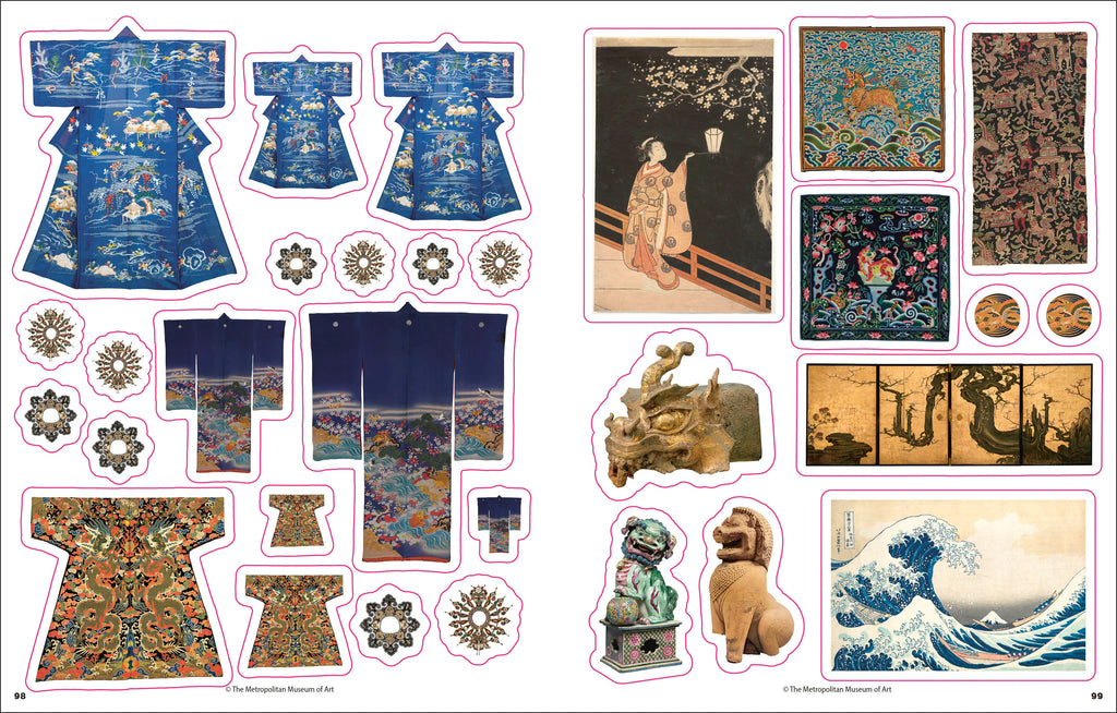 A printed catalog or book spread showing multiple cut-out views and details of traditional blue embroidered garments alongside decorative textile panels, a gold dragon figurine, stone lions, and a wave artwork. The page has pink outline borders around each item and small text at the bottom.