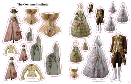 A catalog-style page titled "The Costume Institute" showing multiple vintage costume garments and corsets arranged on a white background with pink cutout outlines. The garments include pink, beige, gray, brown, and white historical dresses, jackets, and corsets displayed on mannequins or as cutout silhouettes.