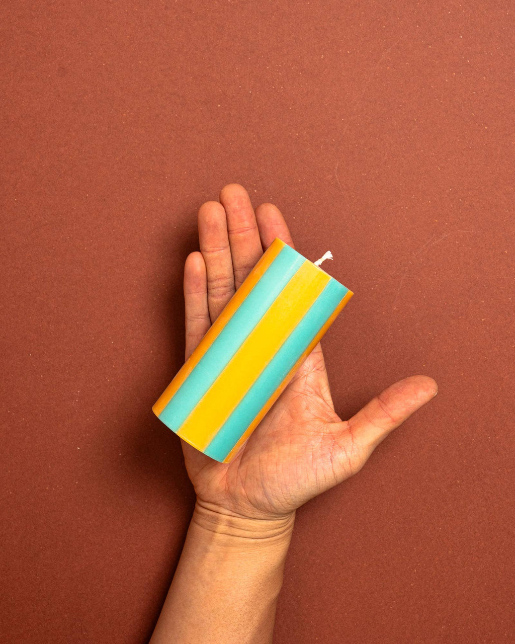 Medium Stripe Pillar Candle in Gold Ore + Teal Fade