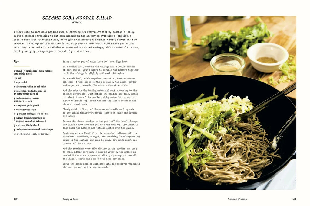 Page from a cookbook showing a recipe for sesame soba noodle salad with a photograph of the dish on the right.