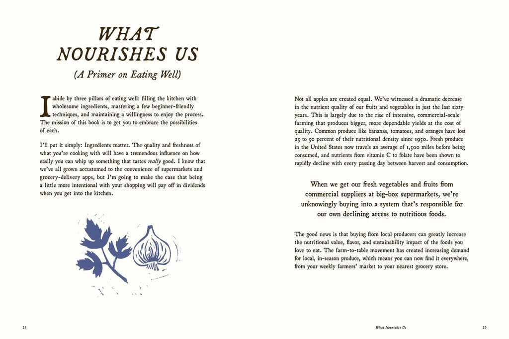 A printed page from a book or magazine with the large title 'WHAT NOURISHES US?' at the top and several paragraphs of text below, photographed against a white background.