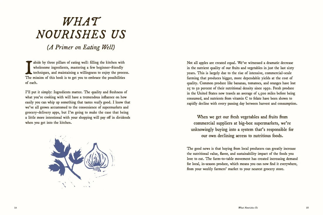 A printed page from a book or magazine with the large title 'WHAT NOURISHES US?' at the top and several paragraphs of text below, photographed against a white background.