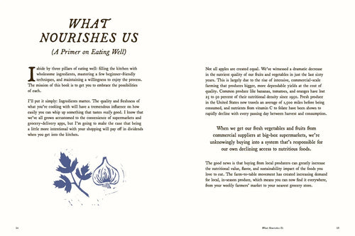A printed page from a book or magazine with the large title 'WHAT NOURISHES US?' at the top and several paragraphs of text below, photographed against a white background.