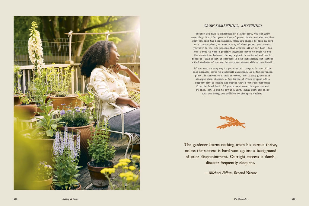 Woman sitting in a garden with potted plants, text on a white background