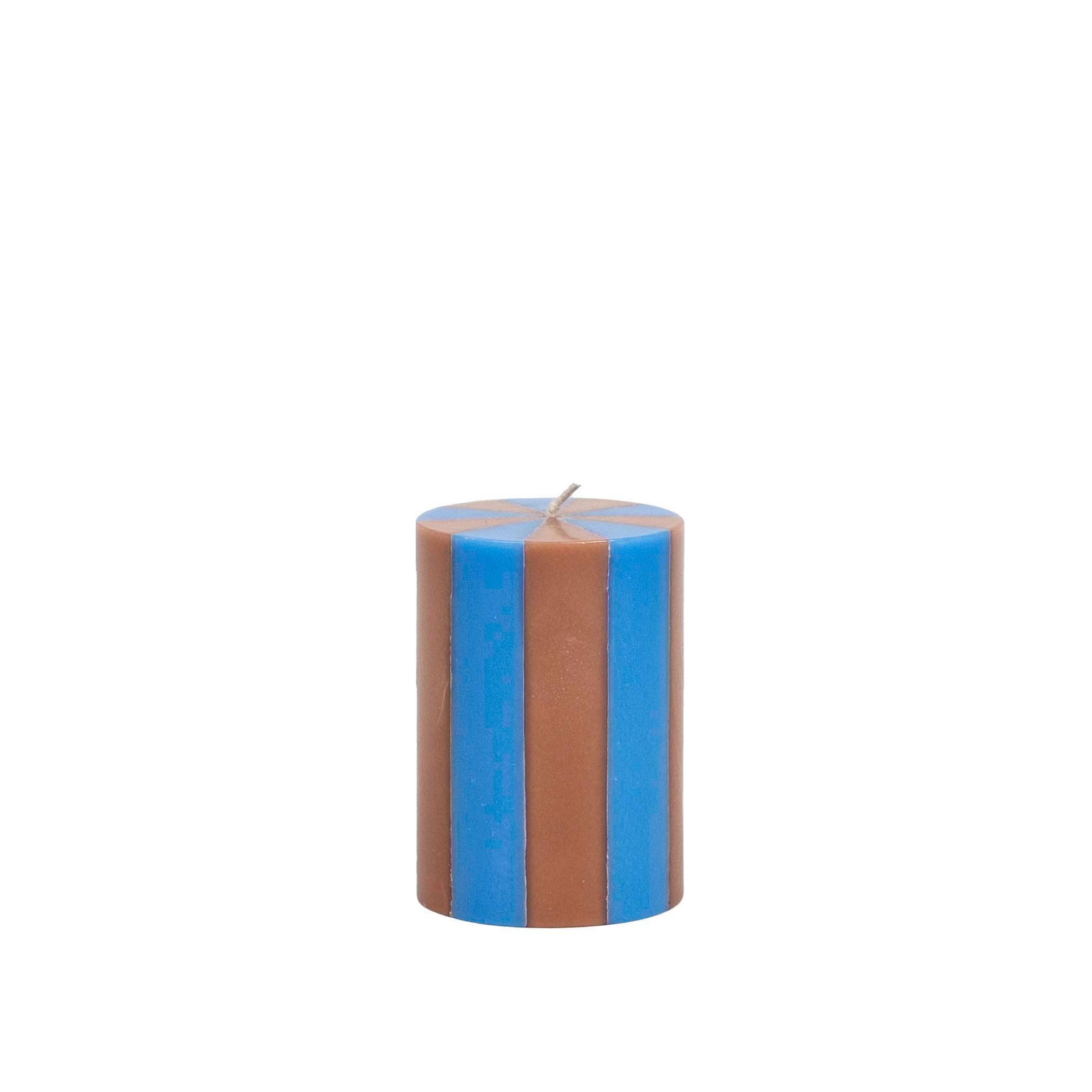 Small Stripe Pillar Candle in Ash Brown + Grey Blue