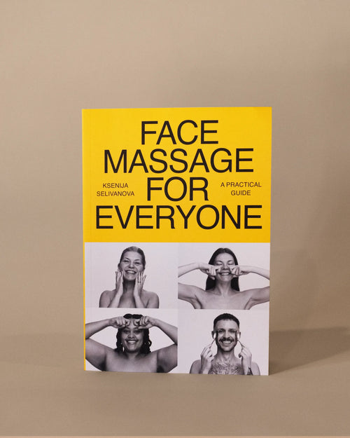 A book titled 'FACE MASSAGE FOR EVERYONE' by Ksenija Selivanova, featuring a bright yellow top half with bold black text and a white bottom half with four black-and-white photos of face massages, set against a warm beige background.