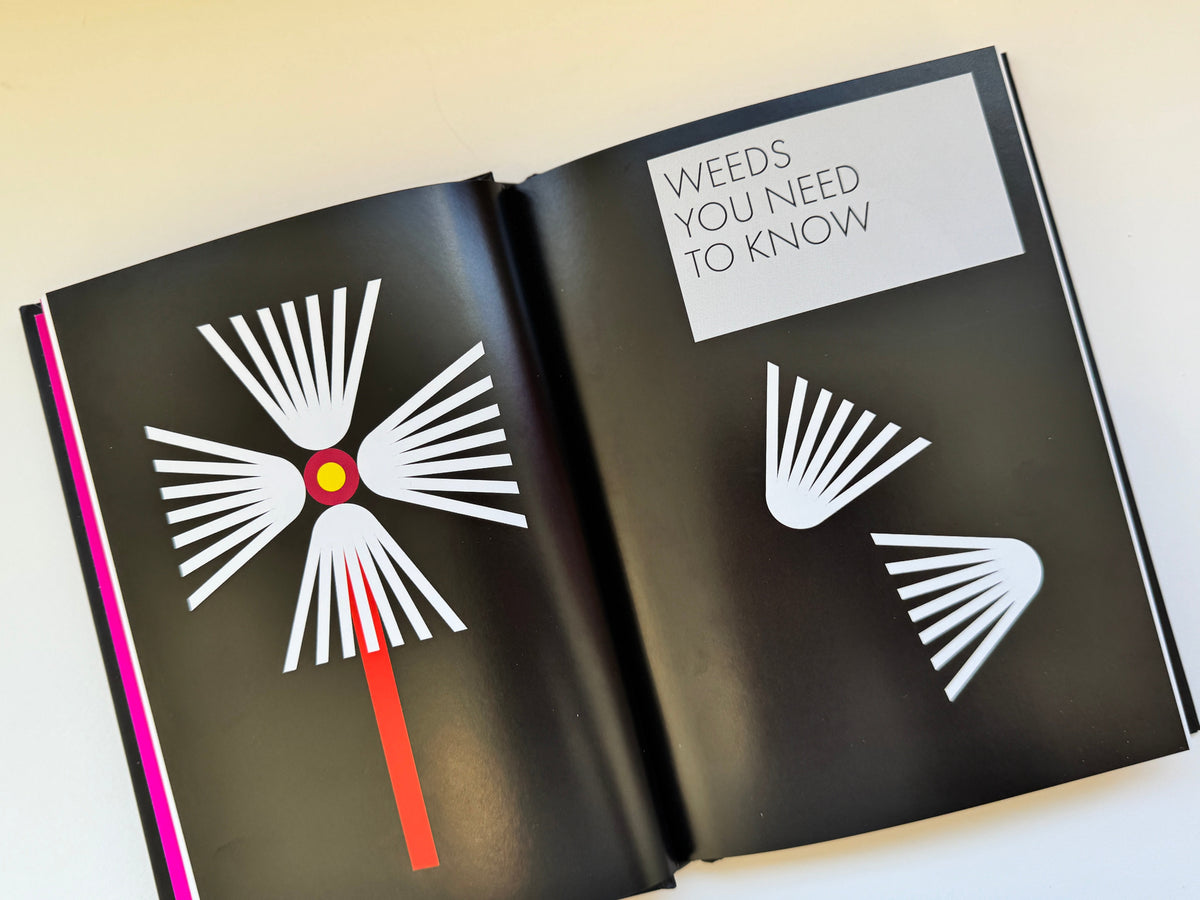 An open booklet or book spread on a light beige background, featuring a black cover design with white fan-like graphics, a white label reading 'WEEDS YOU NEED TO KNOW', and a red accent line near the bottom.