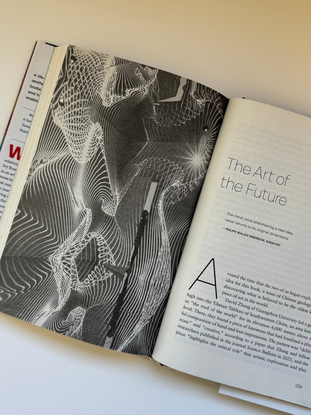 An open book or magazine laid on a light beige surface, showing a black-and-white abstract line-art page on the top and a text page on the bottom with the visible title 'The Art of the Future'.